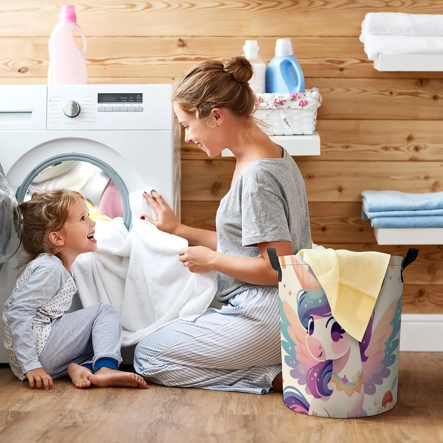 Laundry Hampers, Large Drawstring Laundry Bag, Removable Laundry Bags, Collapsible Storage Bin with Handles for Home Organization, Kids Room, Nursery Pink