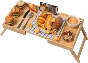 Lavievert Expandable & Height Adjustable Bed Tray Table with 360° Rotating Phone Holder, Bamboo Breakfast Food Serving Tray, Portable Laptop Desk Snack Platter with Handles & Foldable Legs for Bedroom