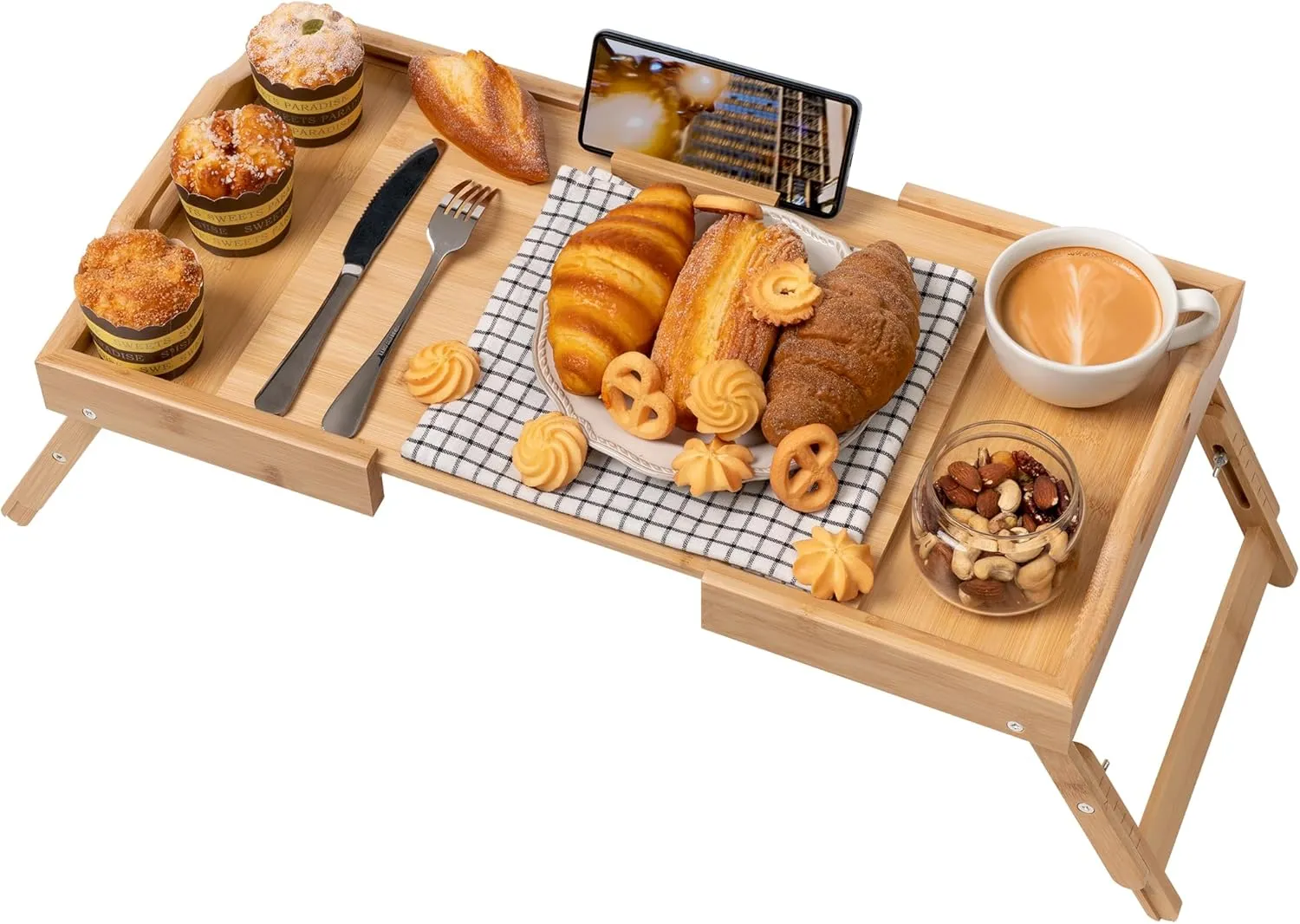 Lavievert Expandable & Height Adjustable Bed Tray Table with 360° Rotating Phone Holder, Bamboo Breakfast Food Serving Tray, Portable Laptop Desk Snack Platter with Handles & Foldable Legs for Bedroom