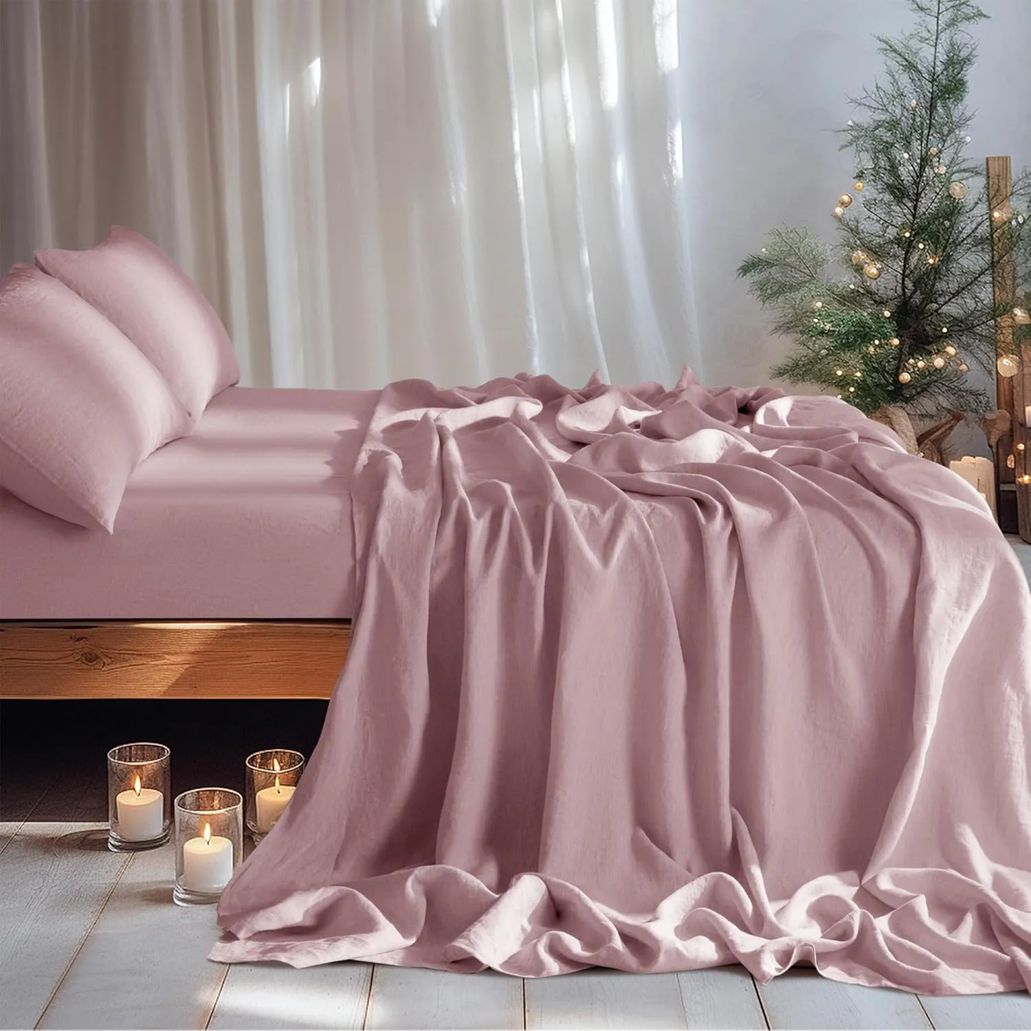 LBR02M 100% Linen Sheet Set Queen Size,Bed Sheets 4 Piece Sets,Solid Color Natural Flax Bed Sheets Soft Breathable Bedding,16" Deep Pocket,All Season (Queen, Embroidery Purple)