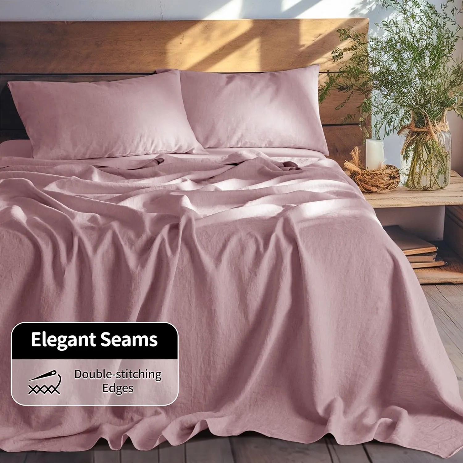 LBR02M 100% Linen Sheet Set Queen Size,Bed Sheets 4 Piece Sets,Solid Color Natural Flax Bed Sheets Soft Breathable Bedding,16" Deep Pocket,All Season (Queen, Embroidery Purple)