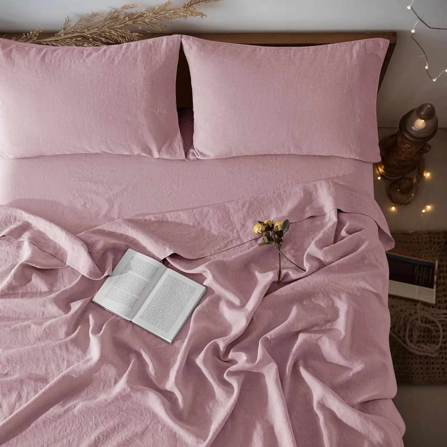 LBR02M 100% Linen Sheet Set Queen Size,Bed Sheets 4 Piece Sets,Solid Color Natural Flax Bed Sheets Soft Breathable Bedding,16" Deep Pocket,All Season (Queen, Embroidery Purple)