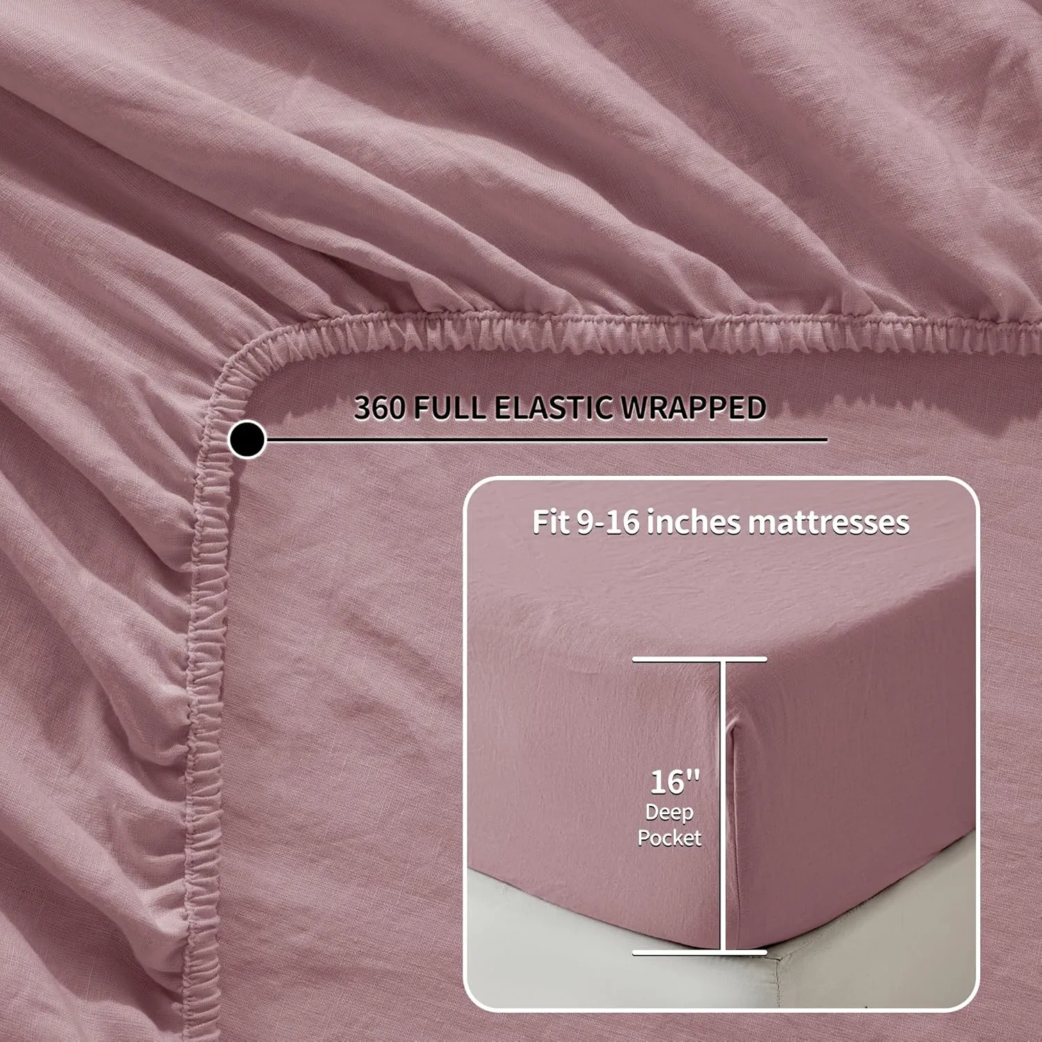 LBR02M 100% Linen Sheet Set Queen Size,Bed Sheets 4 Piece Sets,Solid Color Natural Flax Bed Sheets Soft Breathable Bedding,16" Deep Pocket,All Season (Queen, Embroidery Purple)