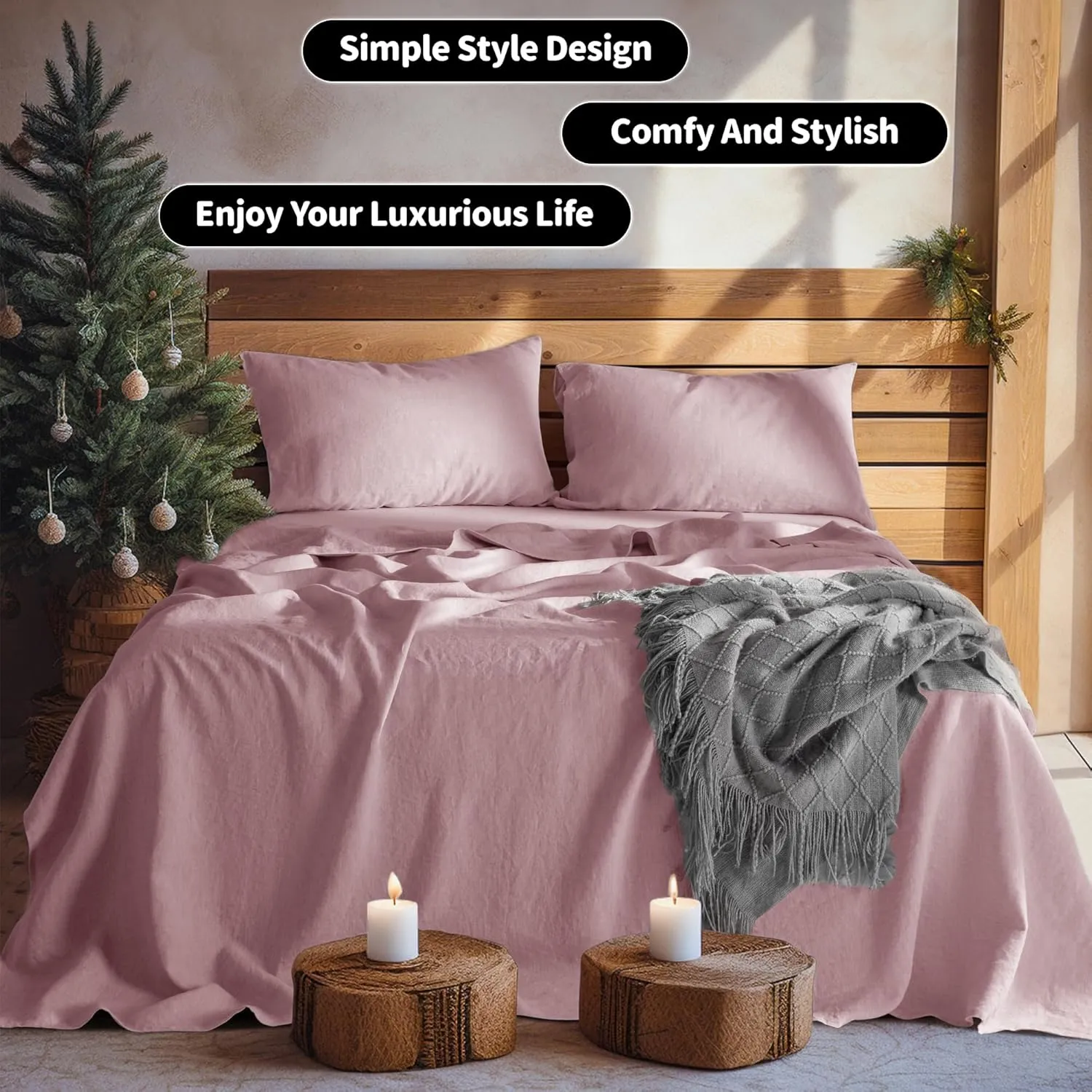 LBR02M 100% Linen Sheet Set Queen Size,Bed Sheets 4 Piece Sets,Solid Color Natural Flax Bed Sheets Soft Breathable Bedding,16" Deep Pocket,All Season (Queen, Embroidery Purple)