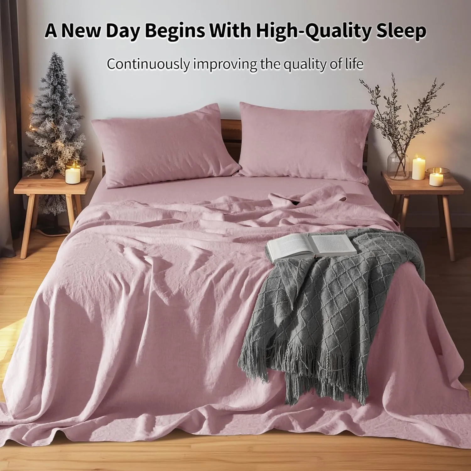 LBR02M 100% Linen Sheet Set Queen Size,Bed Sheets 4 Piece Sets,Solid Color Natural Flax Bed Sheets Soft Breathable Bedding,16" Deep Pocket,All Season (Queen, Embroidery Purple)
