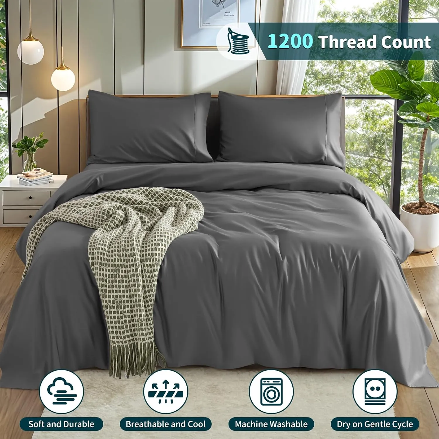 LBRO2M 100% Cotton 1200 Thread Count Queen Size Sheets Set,16 inches Deep Pocket,Bed Sheet 4 Piece Sets (Dark Grey, Queen)