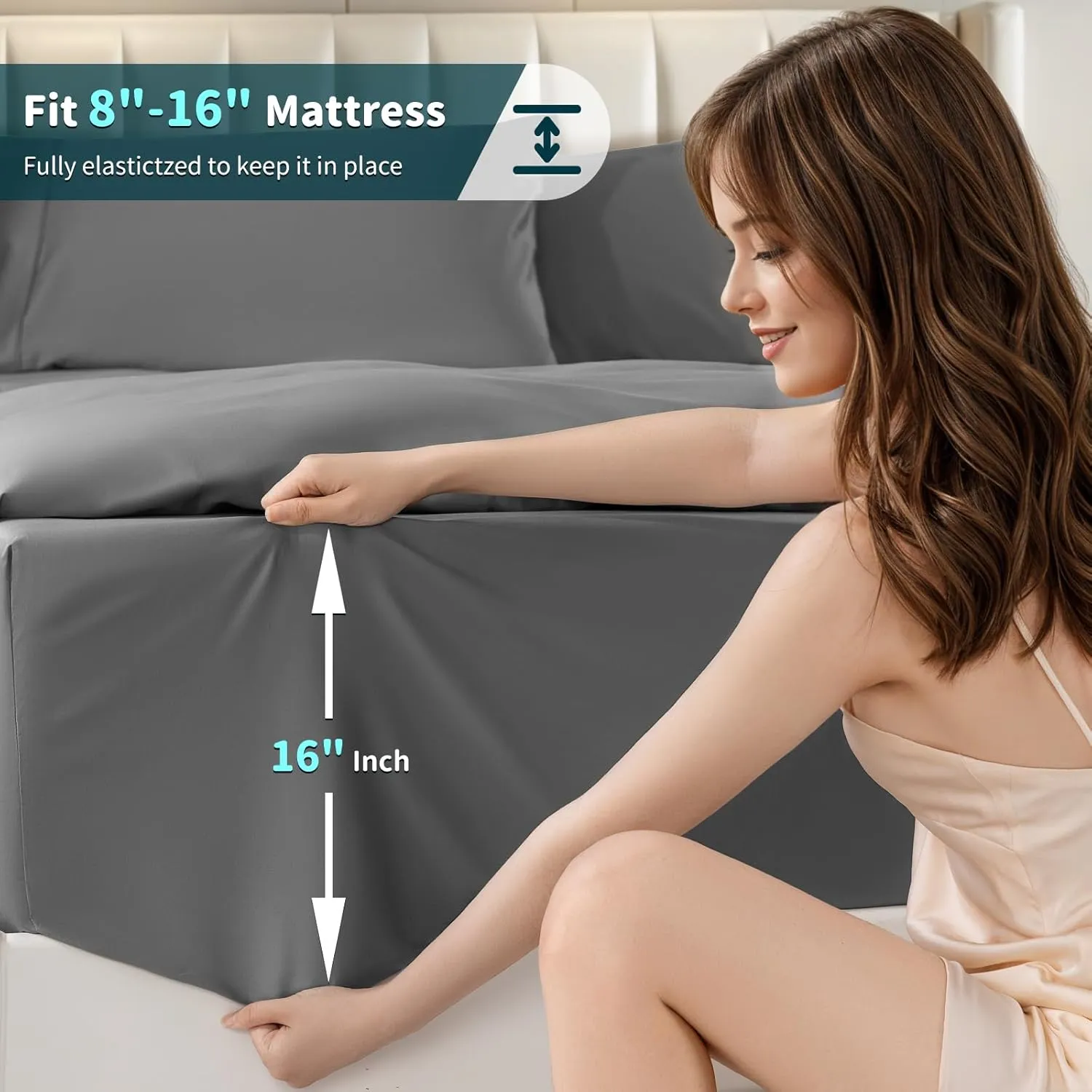 LBRO2M 100% Cotton 1200 Thread Count Queen Size Sheets Set,16 inches Deep Pocket,Bed Sheet 4 Piece Sets (Dark Grey, Queen)