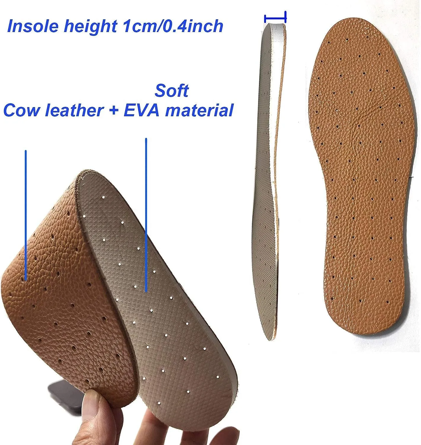 Leather Insole Invisible Increase Insoles 1cm 1.5cm 2cm Height For Casual Sneaker Sport Shoes Men Or Women(8.5#/10.4''--1cm Height, Brown)