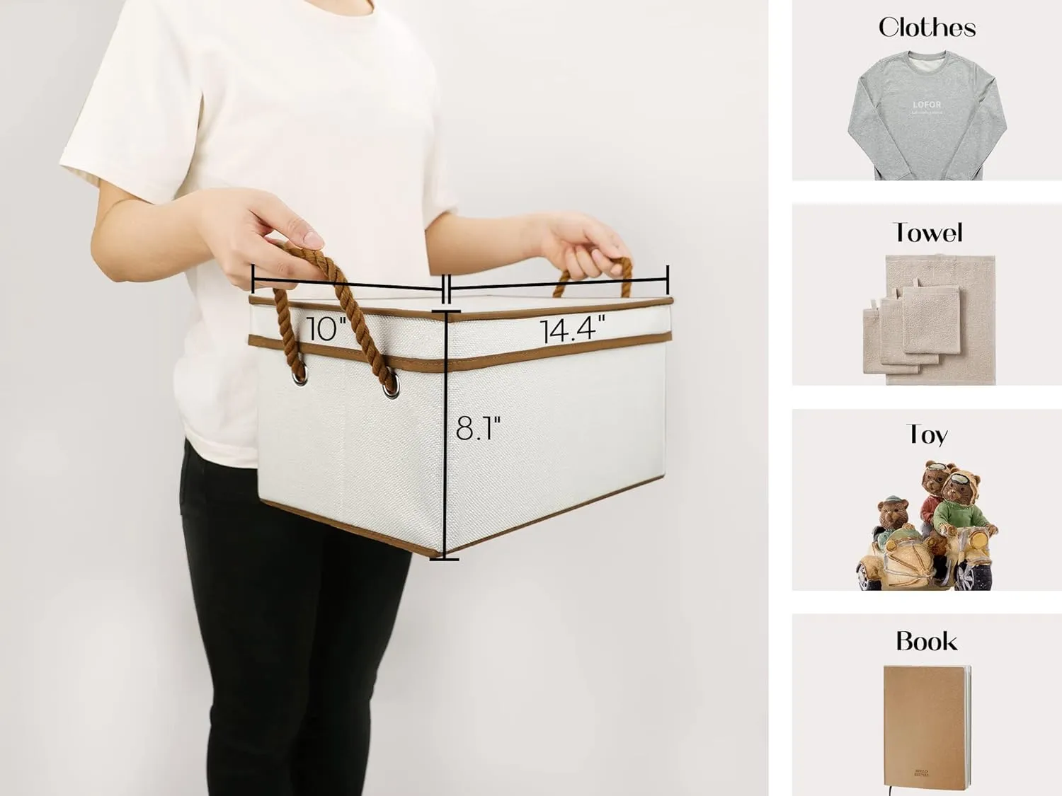 LoforHoney Home Fabric Storage Bins with Lids for Organizing, Foldable Closet Storage Boxes for Shelves, Clothes Baskets with Cotton Rope Handles, Large, Beige & Brown, 2-Pack