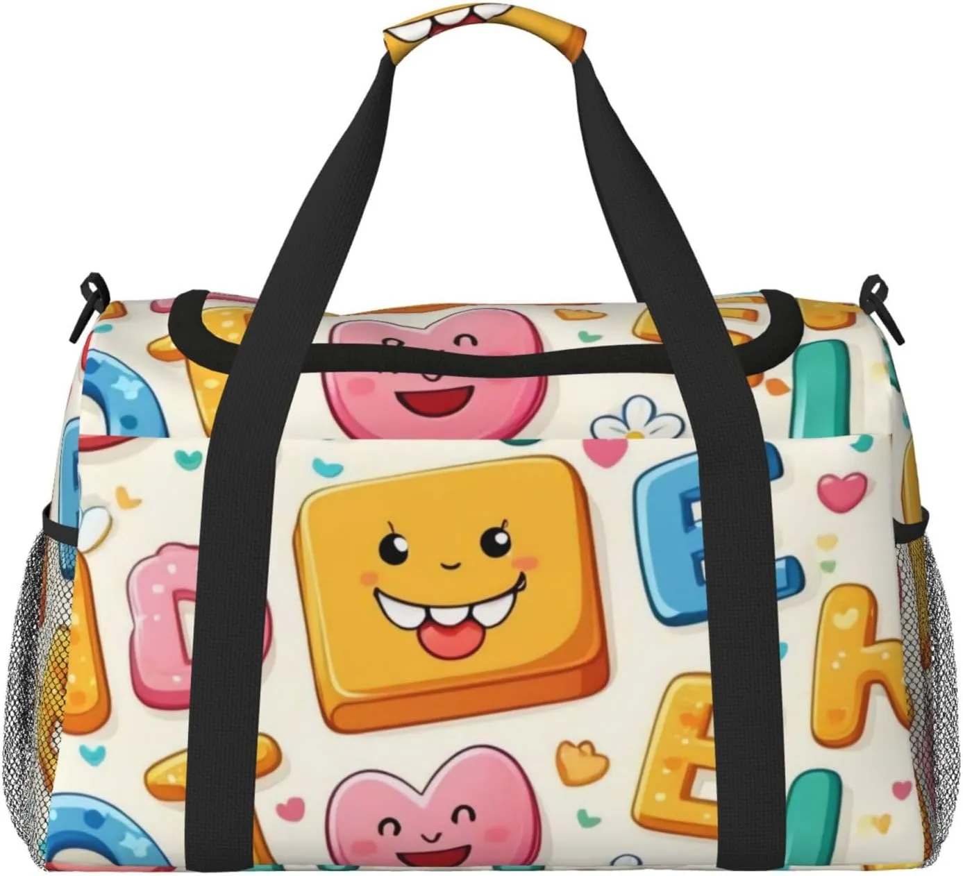 Lovely Cartoon English Letters Print Travel Duffel Bag for Men & Women, Foldable Travel Bags and Spacious Weekender Tote Bag for Storage Toiletry Luggage Personal Item