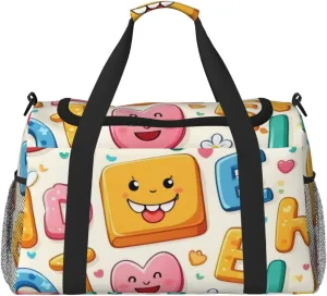 Lovely Cartoon English Letters Print Travel Duffel Bag for Men & Women, Foldable Travel Bags and Spacious Weekender Tote Bag for Storage Toiletry Luggage Personal Item