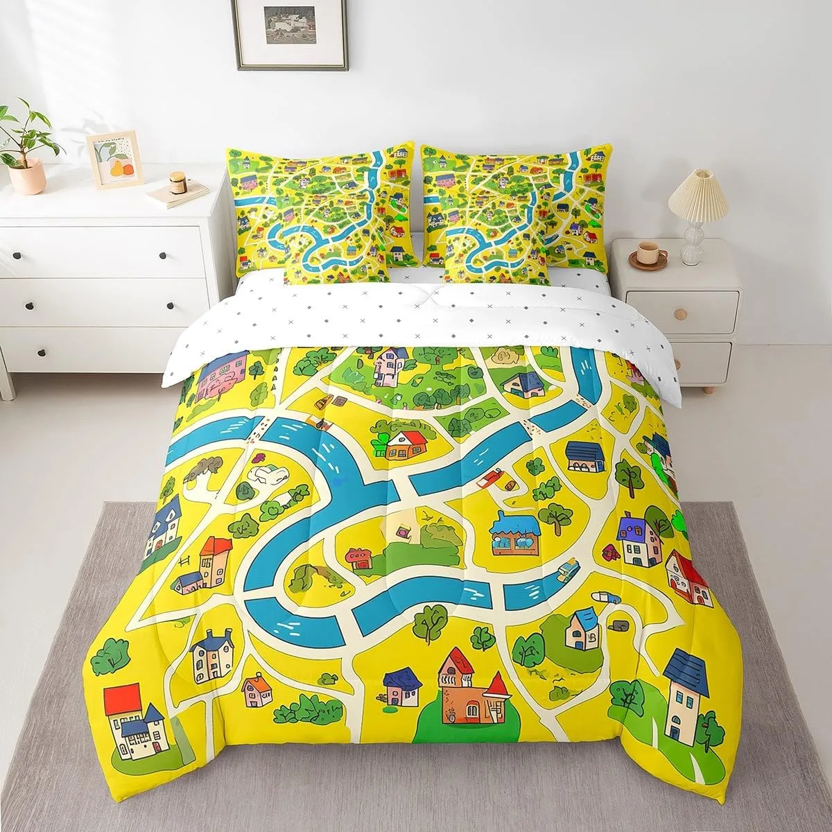 Manfei Rustic Countryside Comforter Set Queen,Suburb House Tree River Hand Graffiti Bedding Set,Yellow Nature Roadway Landscape (Comforter Fitted Flat Sheet 2 Pillowcases 2 Throw Pillow Covers) 7 Pcs