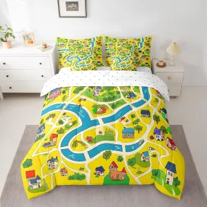 Manfei Rustic Countryside Comforter Set Queen,Suburb House Tree River Hand Graffiti Bedding Set,Yellow Nature Roadway Landscape (Comforter Fitted Flat Sheet 2 Pillowcases 2 Throw Pillow Covers) 7 Pcs