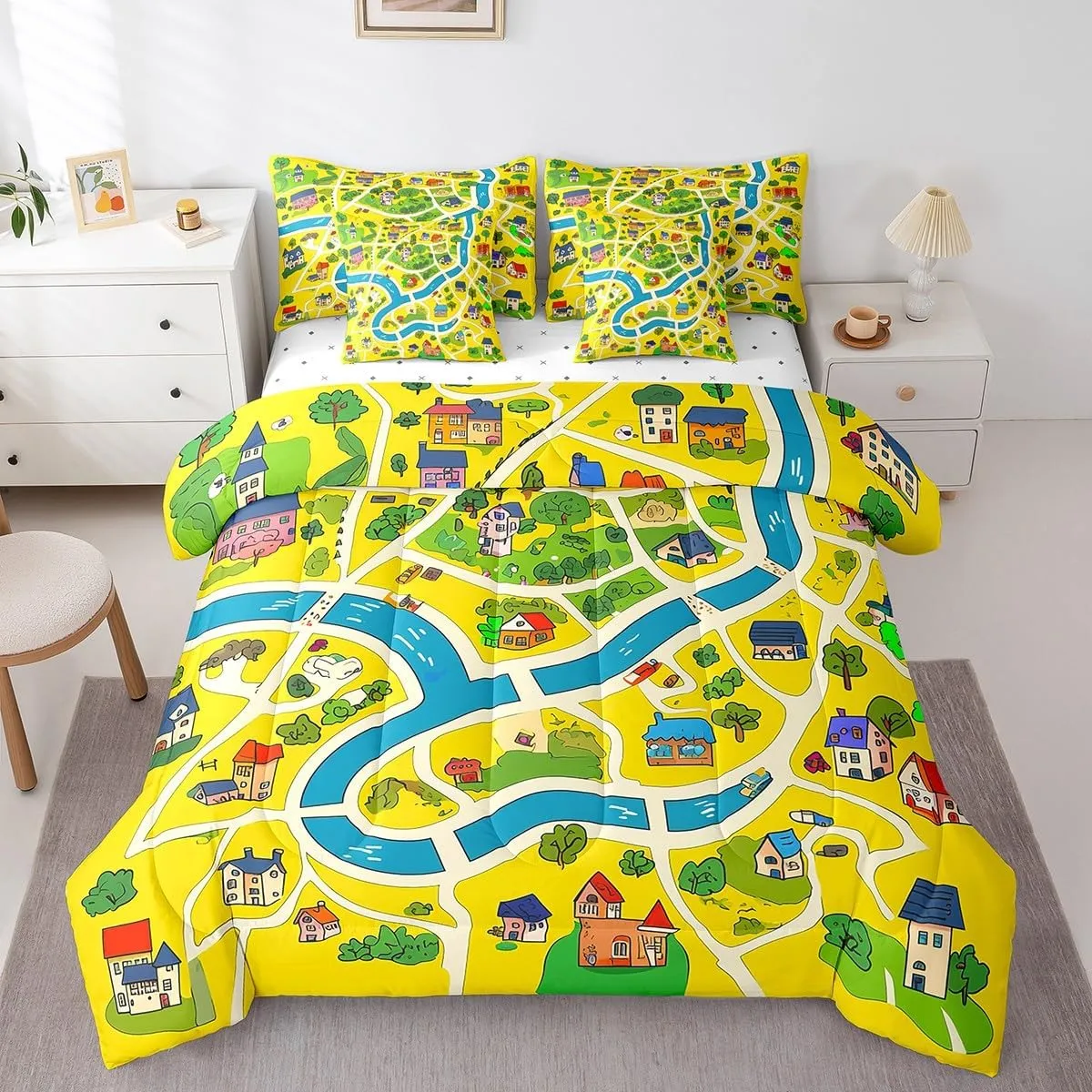 Manfei Rustic Countryside Comforter Set Queen,Suburb House Tree River Hand Graffiti Bedding Set,Yellow Nature Roadway Landscape (Comforter Fitted Flat Sheet 2 Pillowcases 2 Throw Pillow Covers) 7 Pcs
