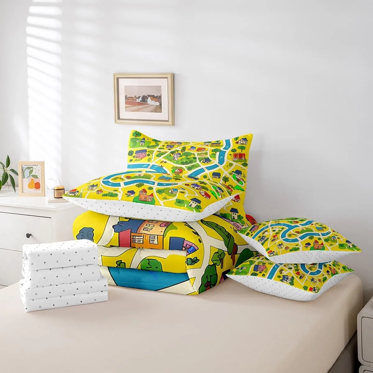 Manfei Rustic Countryside Comforter Set Queen,Suburb House Tree River Hand Graffiti Bedding Set,Yellow Nature Roadway Landscape (Comforter Fitted Flat Sheet 2 Pillowcases 2 Throw Pillow Covers) 7 Pcs