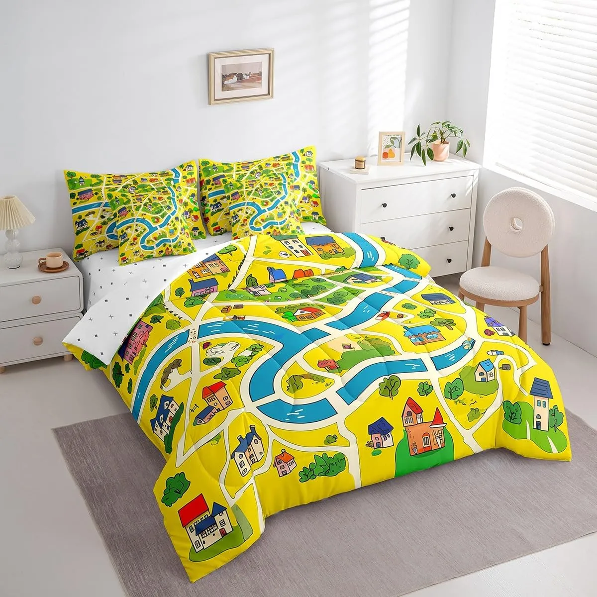 Manfei Rustic Countryside Comforter Set Queen,Suburb House Tree River Hand Graffiti Bedding Set,Yellow Nature Roadway Landscape (Comforter Fitted Flat Sheet 2 Pillowcases 2 Throw Pillow Covers) 7 Pcs
