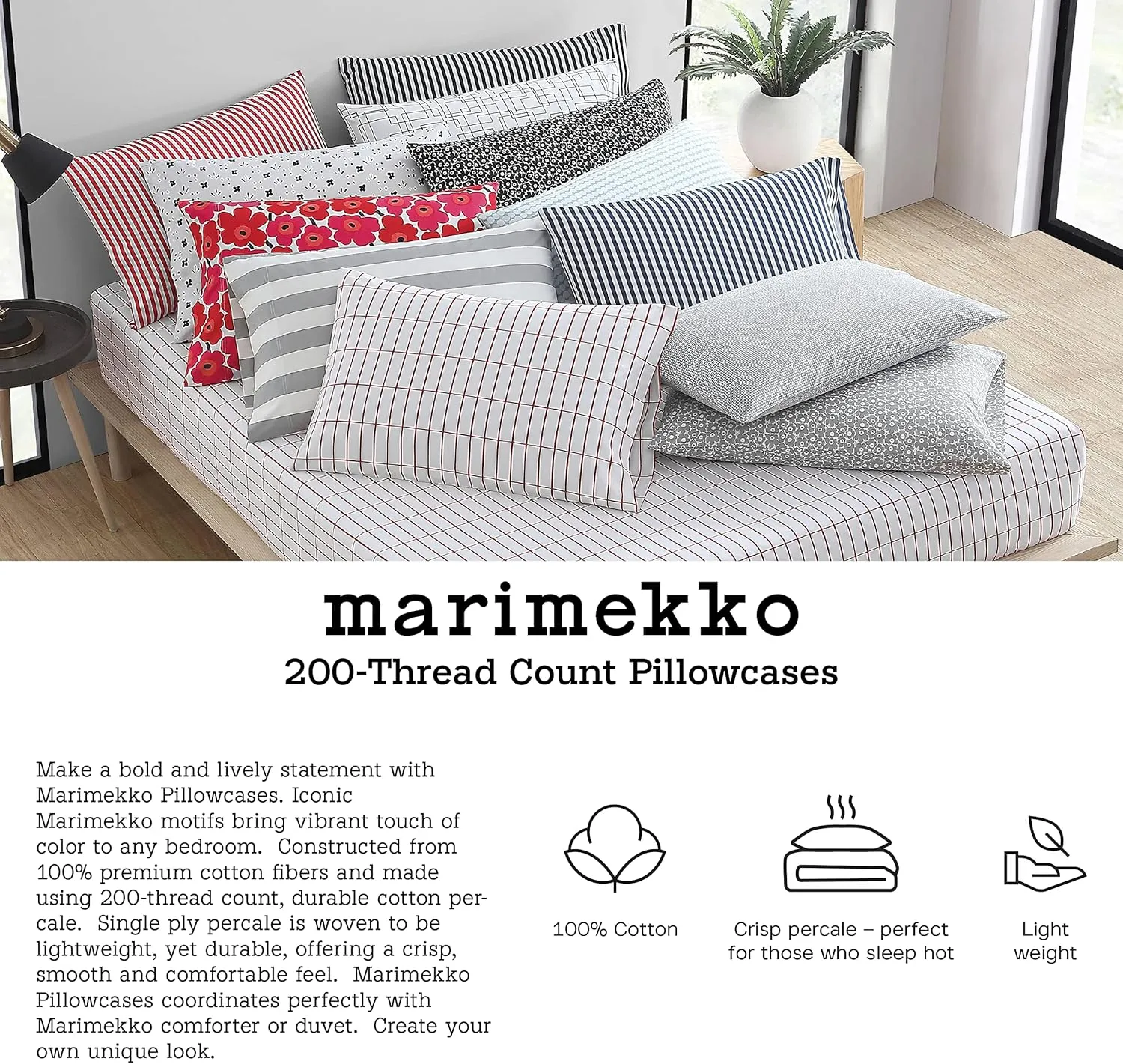 MARIMEKKO- Queen Sheet Set, Cotton Percale Bedding Set, Crisp & Cool, Lightweight & Breathable (Pieni Tiiliskivi Red, Queen)