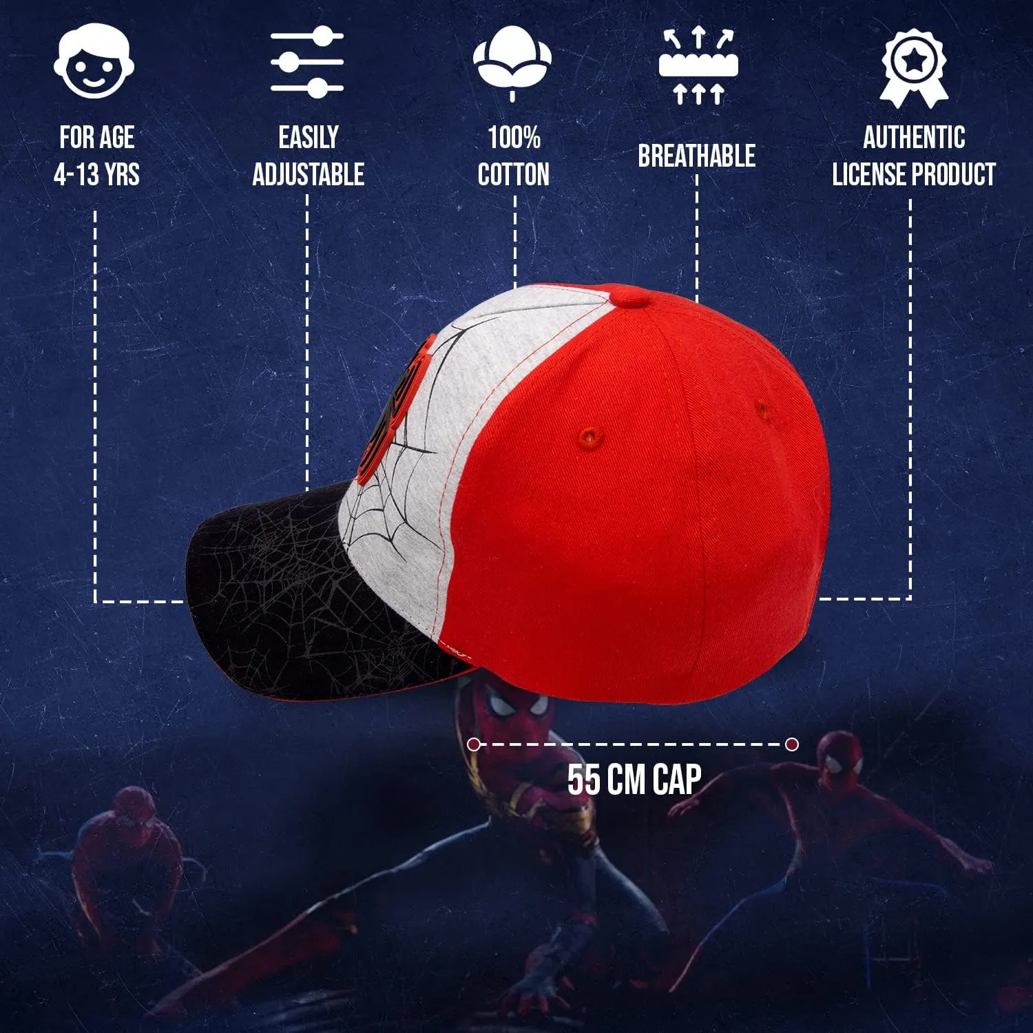 Marvel Spiderman Hat for Boys, Breathable Spiderman Baseball Cap for Toddlers, Boys Ages 3-9