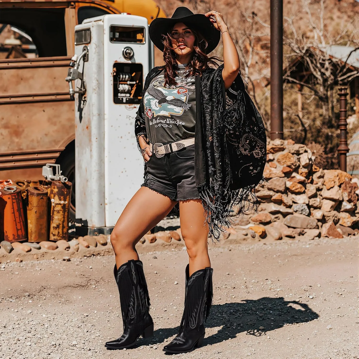 Mattiventon Cowboy Boots for Women Fringe Knee High Cowgirl Western Boots with Classic Embroidery Pointed Toe Chunky Heel for Weddings Parties