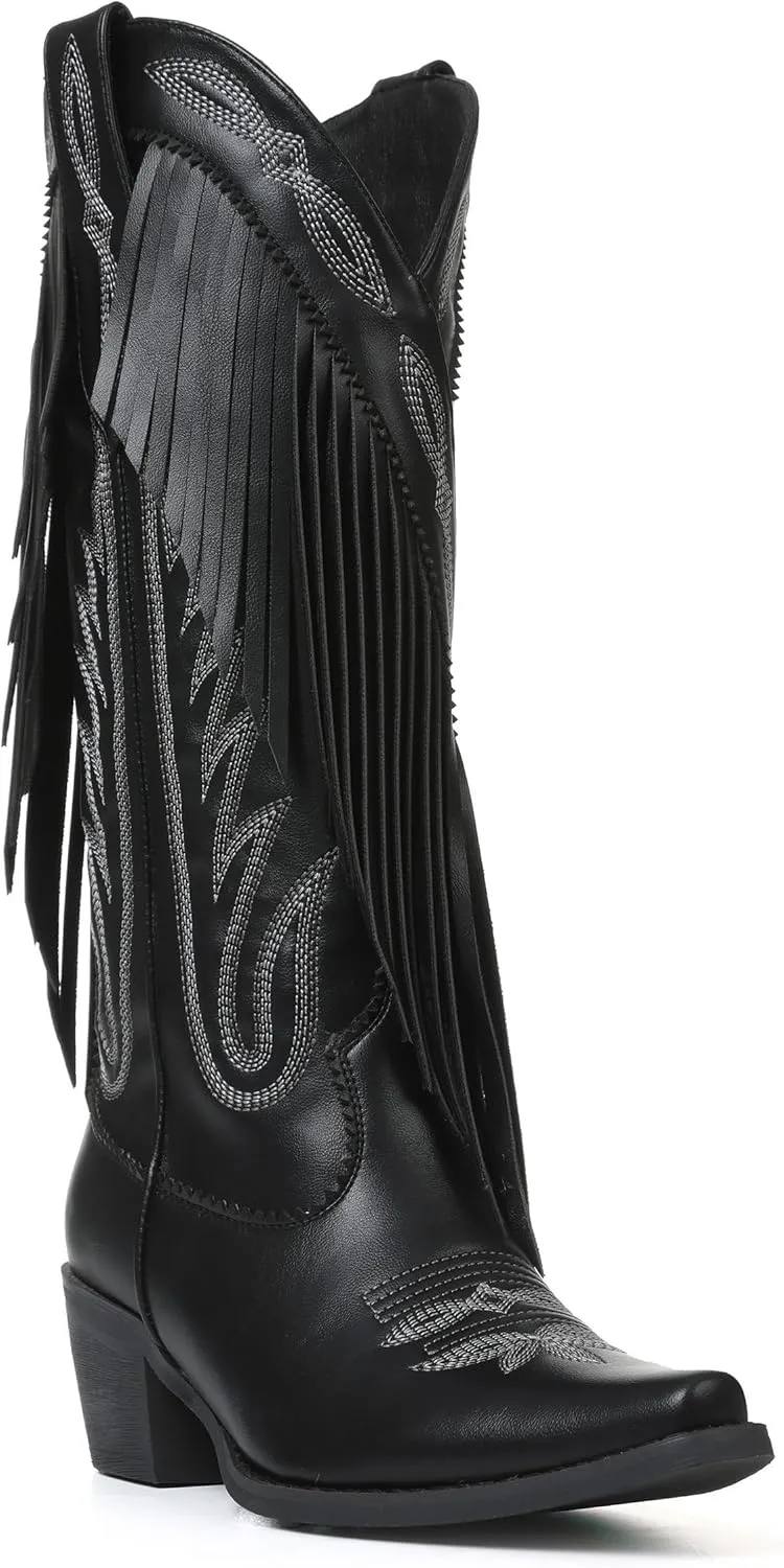 Mattiventon Cowboy Boots for Women Fringe Knee High Cowgirl Western Boots with Classic Embroidery Pointed Toe Chunky Heel for Weddings Parties