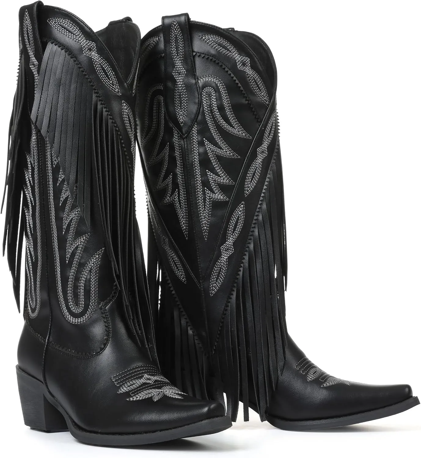 Mattiventon Cowboy Boots for Women Fringe Knee High Cowgirl Western Boots with Classic Embroidery Pointed Toe Chunky Heel for Weddings Parties