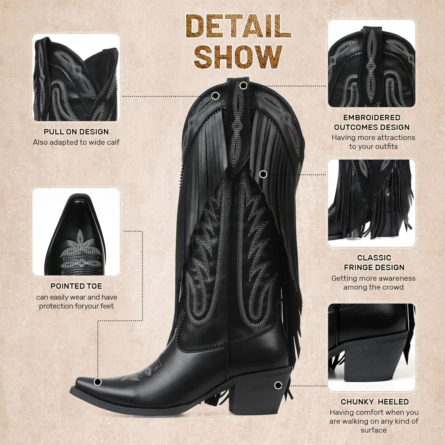 Mattiventon Cowboy Boots for Women Fringe Knee High Cowgirl Western Boots with Classic Embroidery Pointed Toe Chunky Heel for Weddings Parties