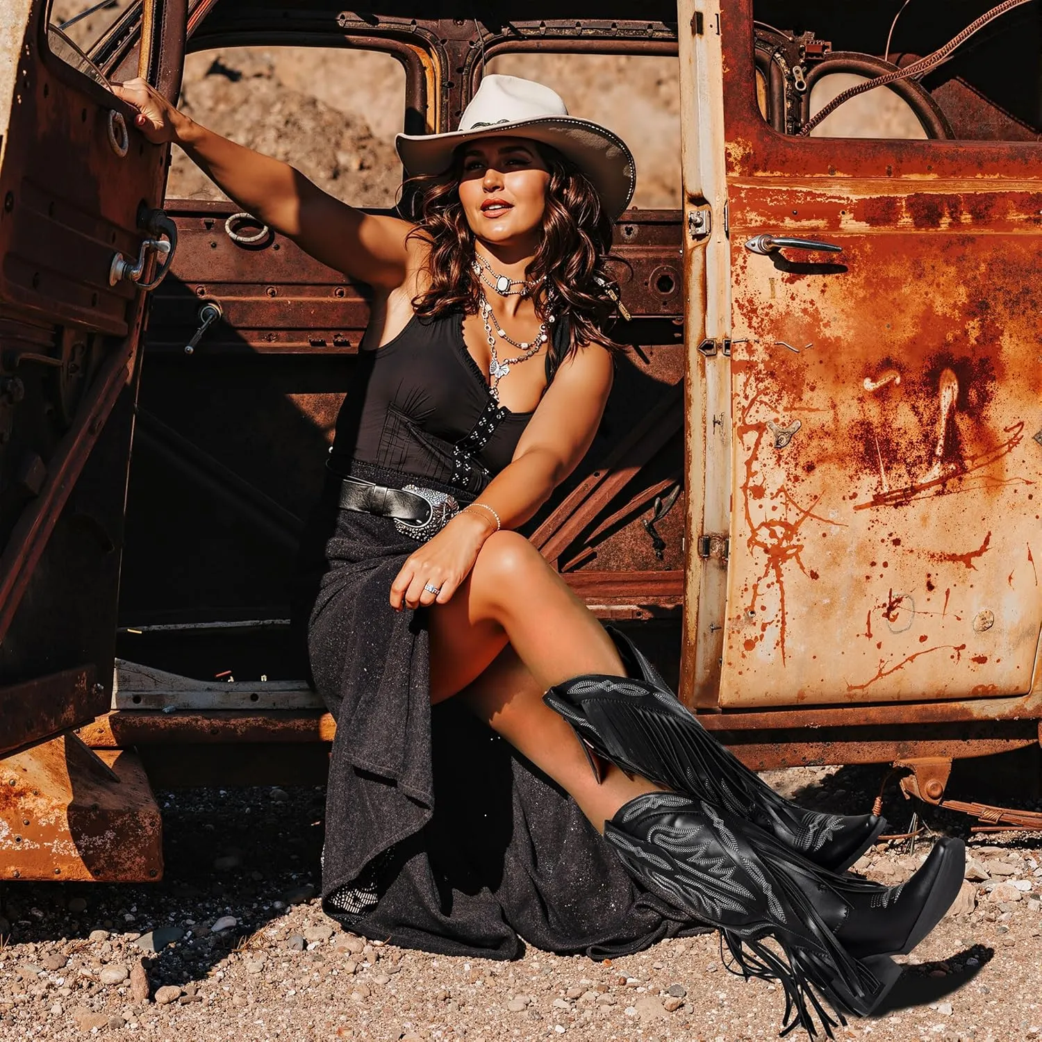 Mattiventon Cowboy Boots for Women Fringe Knee High Cowgirl Western Boots with Classic Embroidery Pointed Toe Chunky Heel for Weddings Parties