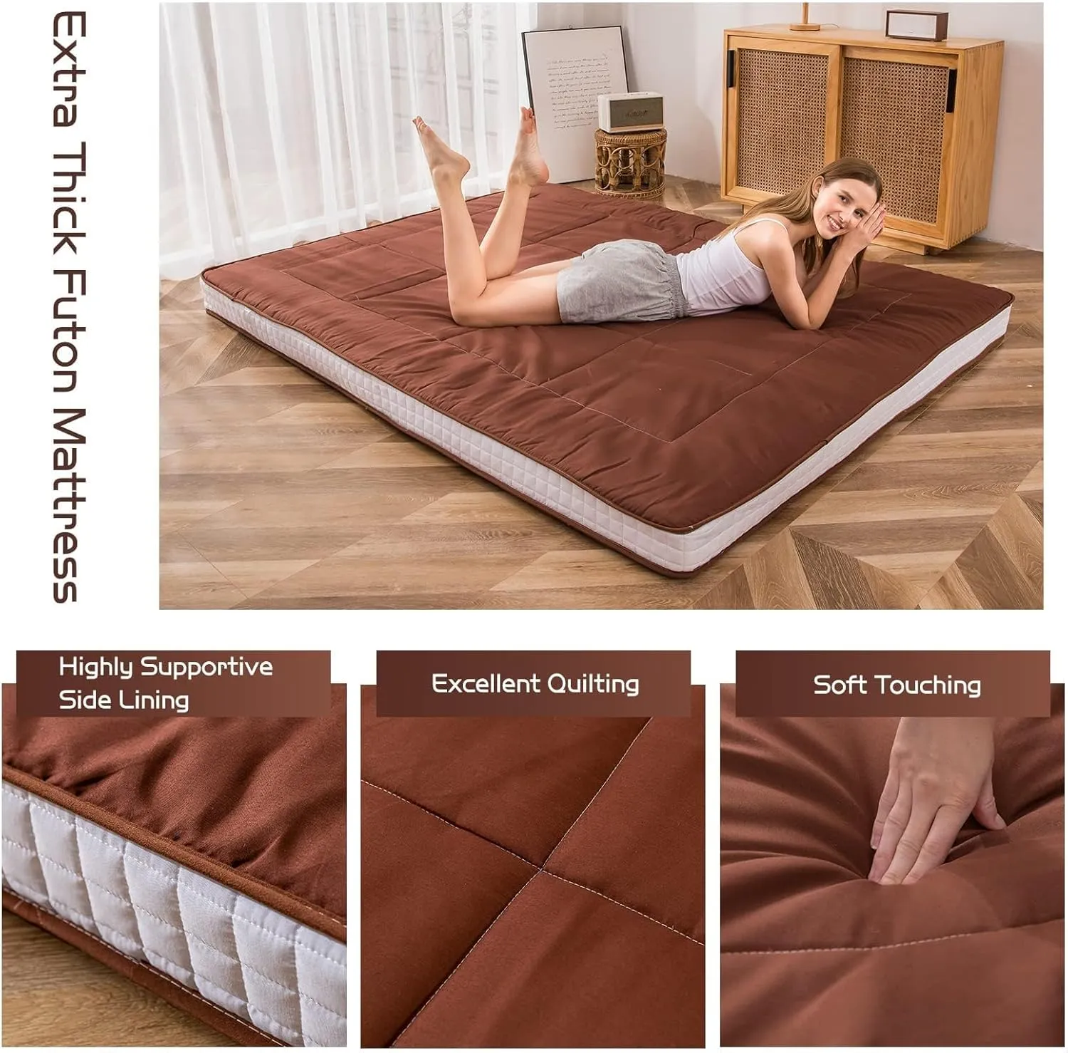 MAXYOYO Cot Mattress Floor Futon Mattress, Narrow Twin Mattress Single Bed Mattress Floor Mattress for Adults, Foldable Roll Up Mattress Floor Bed for Kids, Coffee Camping Cot Single Mattress