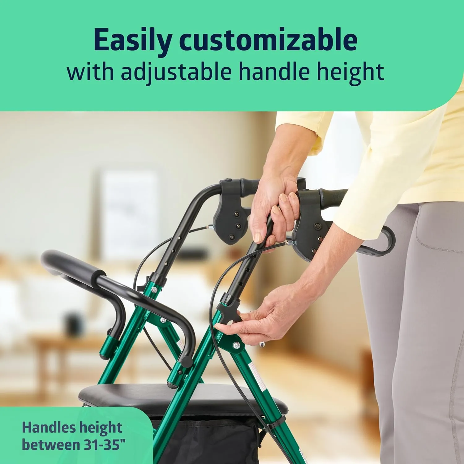 Medline Steel Foldable Adult Transport Rollator Mobility Walker with 6" Wheels, Green