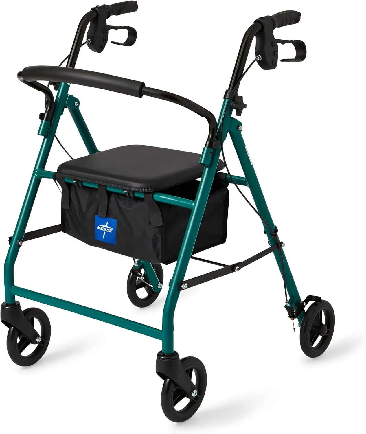 Medline Steel Foldable Adult Transport Rollator Mobility Walker with 6" Wheels, Green