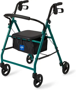 Medline Steel Foldable Adult Transport Rollator Mobility Walker with 6" Wheels, Green