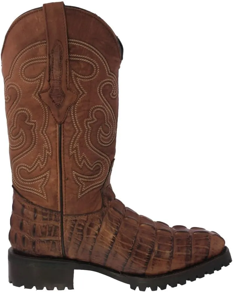 Mens Brown Leather Motorcycle Boots Crocodile Tail Print Round Toe