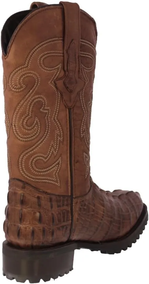 Mens Brown Leather Motorcycle Boots Crocodile Tail Print Round Toe