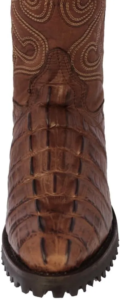 Mens Brown Leather Motorcycle Boots Crocodile Tail Print Round Toe
