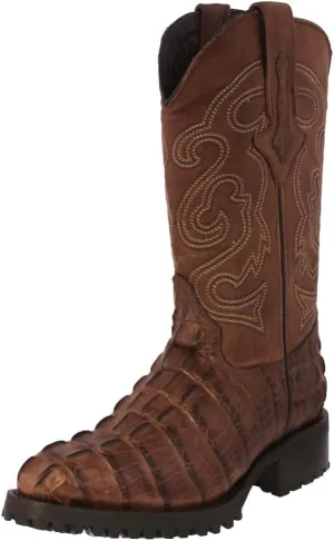 Mens Brown Leather Motorcycle Boots Crocodile Tail Print Round Toe