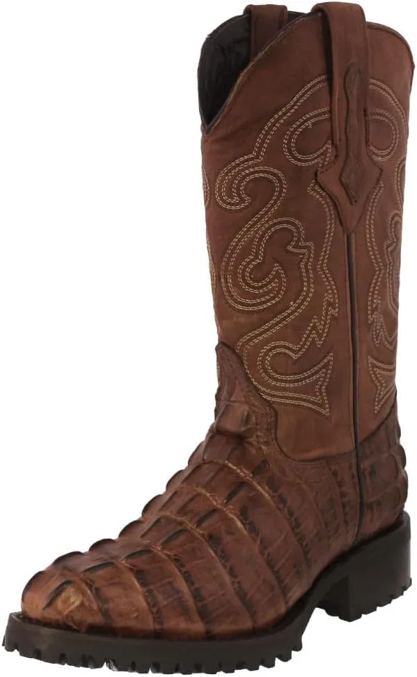 Mens Brown Leather Motorcycle Boots Crocodile Tail Print Round Toe
