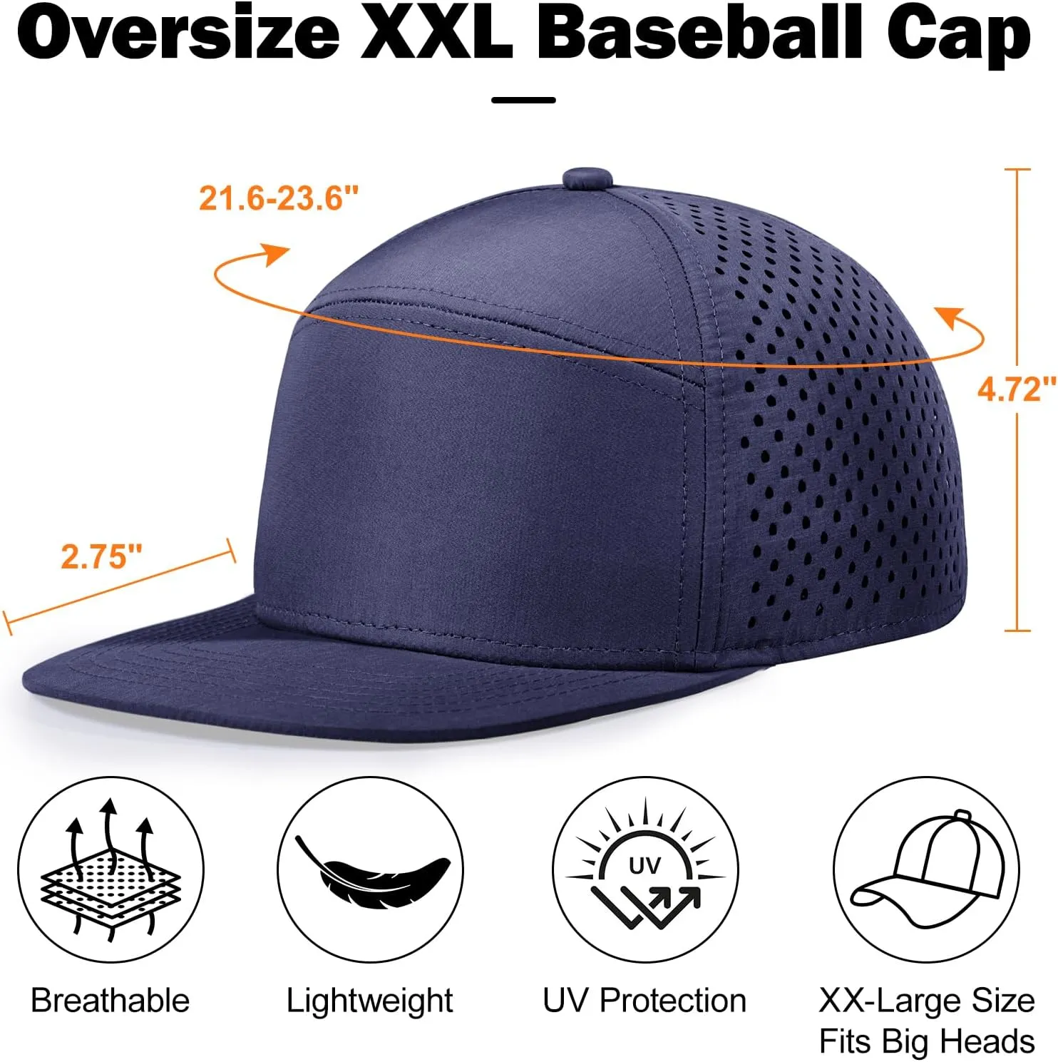 Men's Oversize XXL Flat Brim Baseball Cap Adjustable Performance Snapback Hat Laser Perforated Cap Plus Size for Big Head