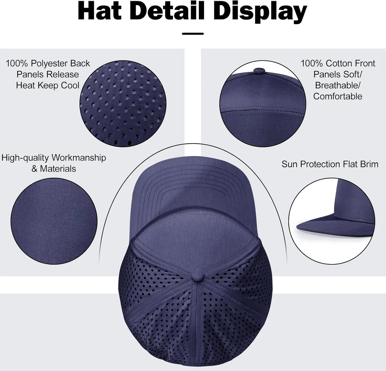 Men's Oversize XXL Flat Brim Baseball Cap Adjustable Performance Snapback Hat Laser Perforated Cap Plus Size for Big Head