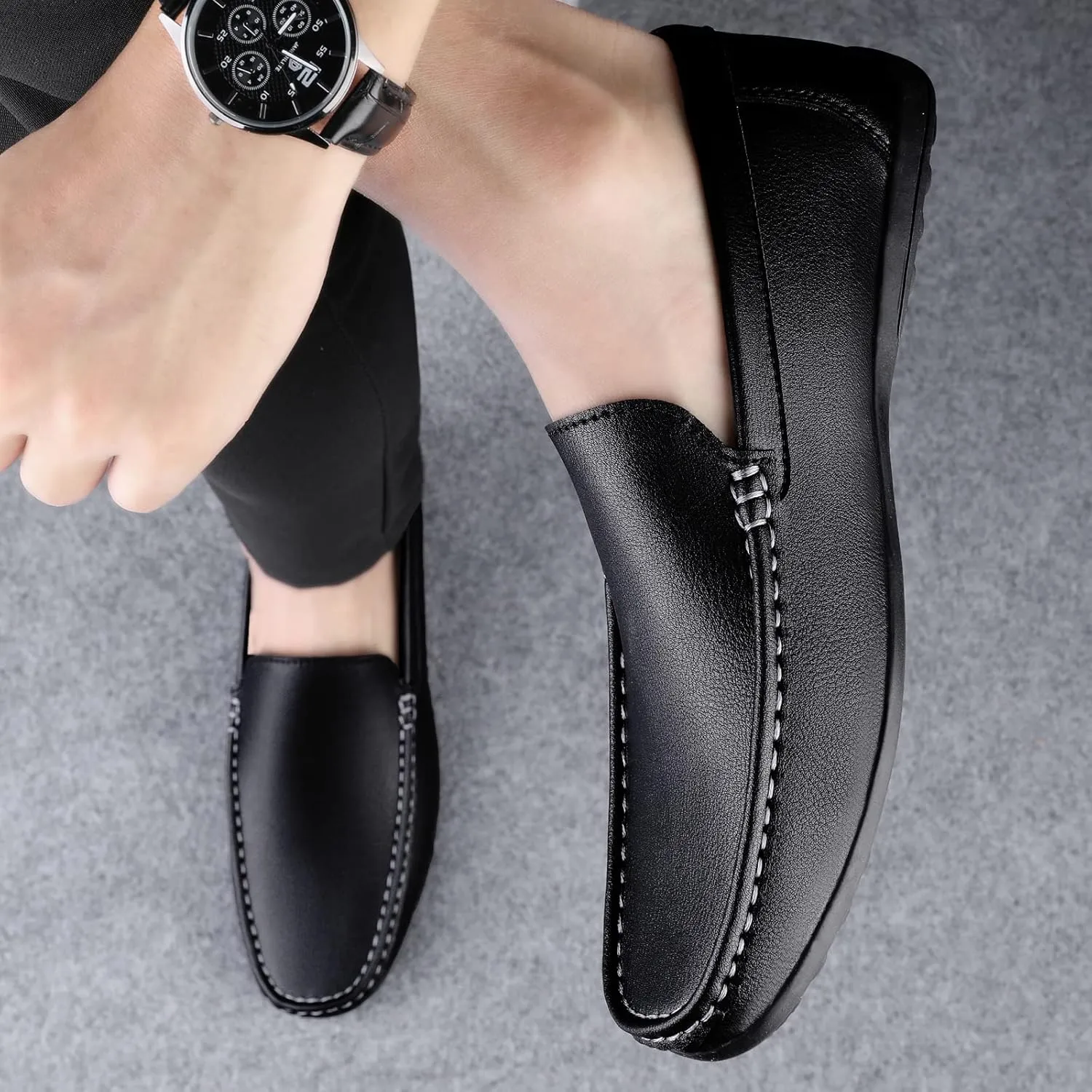 Men's Vintage Hand Stitched Leather Loafers Comfortable Slip On Soft Sole Moccasin Boat Shoes Stylish Casual Driving Walking Dress Flats for Business