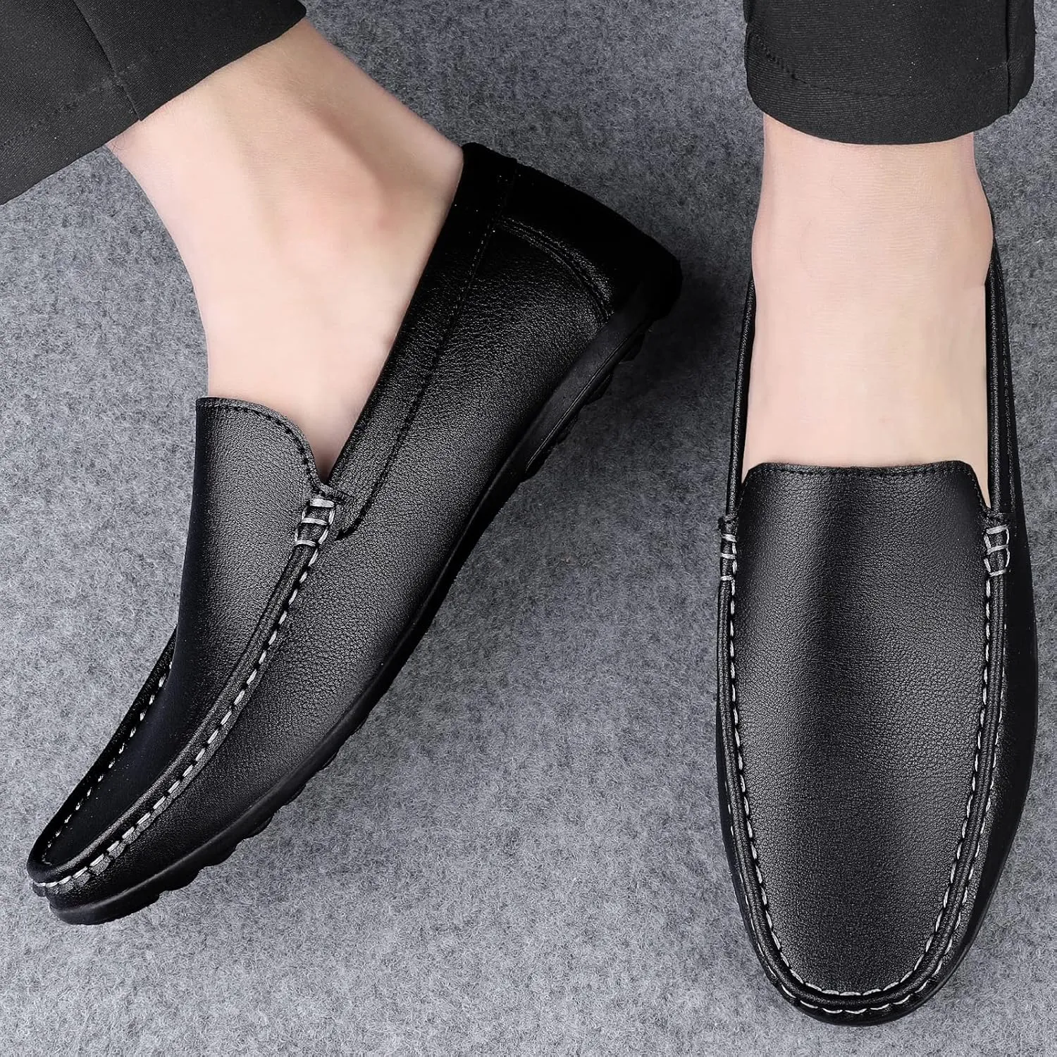 Men's Vintage Hand Stitched Leather Loafers Comfortable Slip On Soft Sole Moccasin Boat Shoes Stylish Casual Driving Walking Dress Flats for Business
