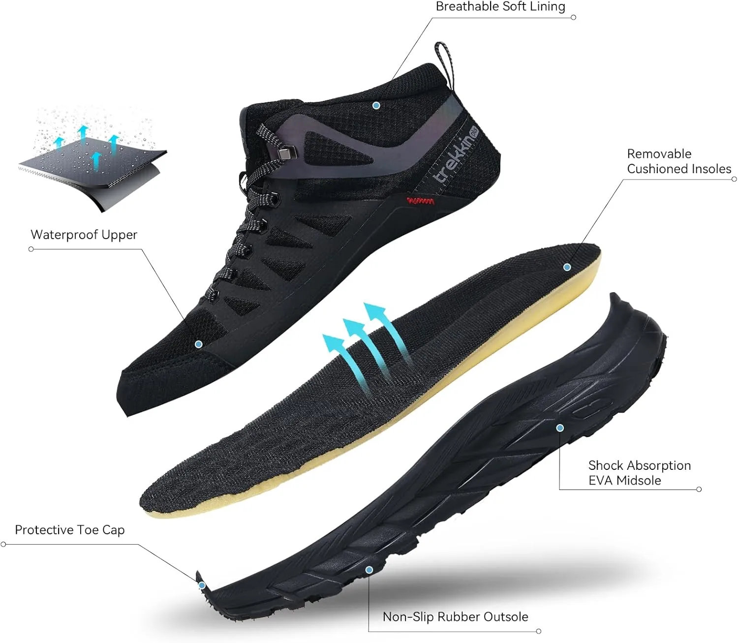 Men's Waterproof Shoes Hiking Trekking Trails Outdoor Lightweight Slip Resistant Cushion Sole Comfortable Work Shoes Walking Boot