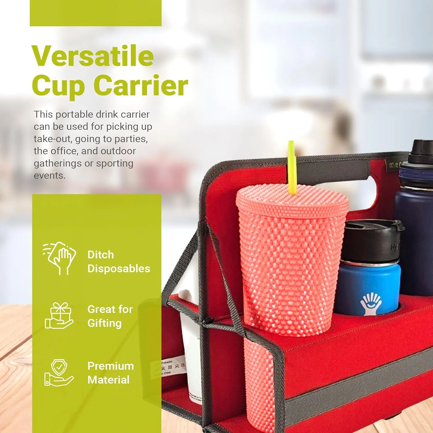 meori Reusable Drink Carrier 6 Cup, Take Out Cup Carrier, Collapsible, Coffee Carrier with Handle Wine, Cocktails, Portable Drink Caddy