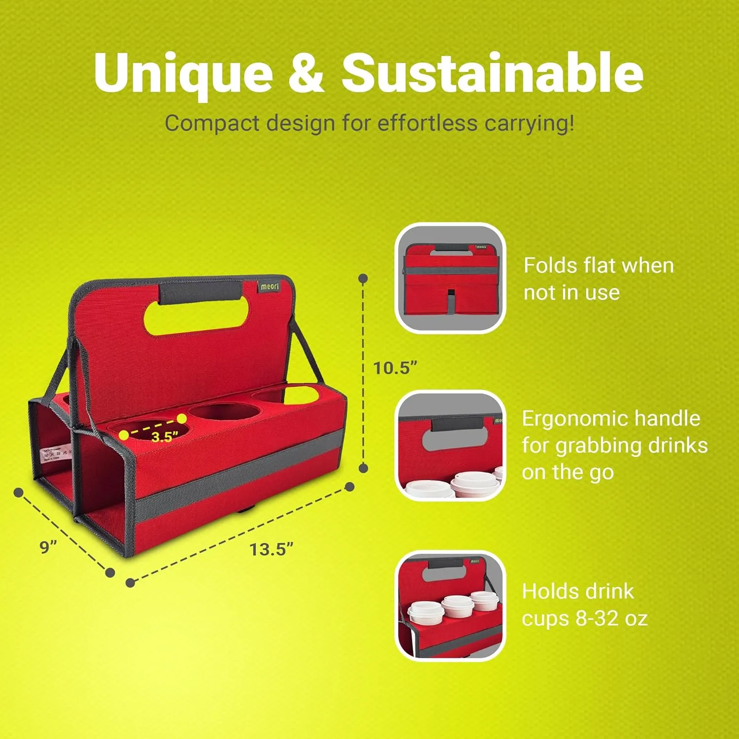 meori Reusable Drink Carrier 6 Cup, Take Out Cup Carrier, Collapsible, Coffee Carrier with Handle Wine, Cocktails, Portable Drink Caddy