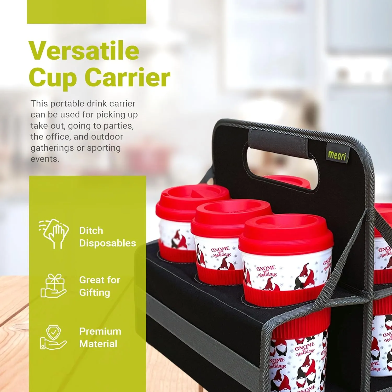 meori Reusable Drink Carrier 6 Cup, Take Out Cup Carrier, Collapsible, Coffee Carrier with Handle Wine, Cocktails, Portable Drink Caddy