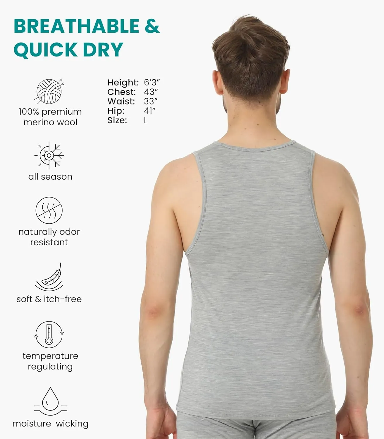 Merino Wool Tank Top Men - Active Merino Wool Undershirt Moisture Wicking Breathable Anti-Odor Lightweight Base Layer