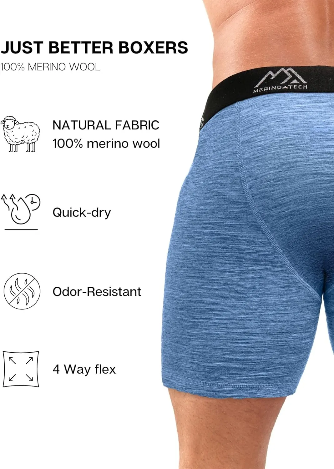 Merino.tech Merino Wool Underwear Mens - 100% Merino Wool Base Layer Boxer Briefs for Men