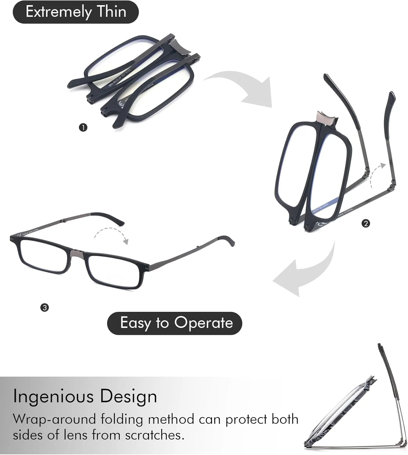Missfive Folding Foldable Reading Glasses for Men Women Portable Travel Pocket Readers Metal Case Clear 1.00x