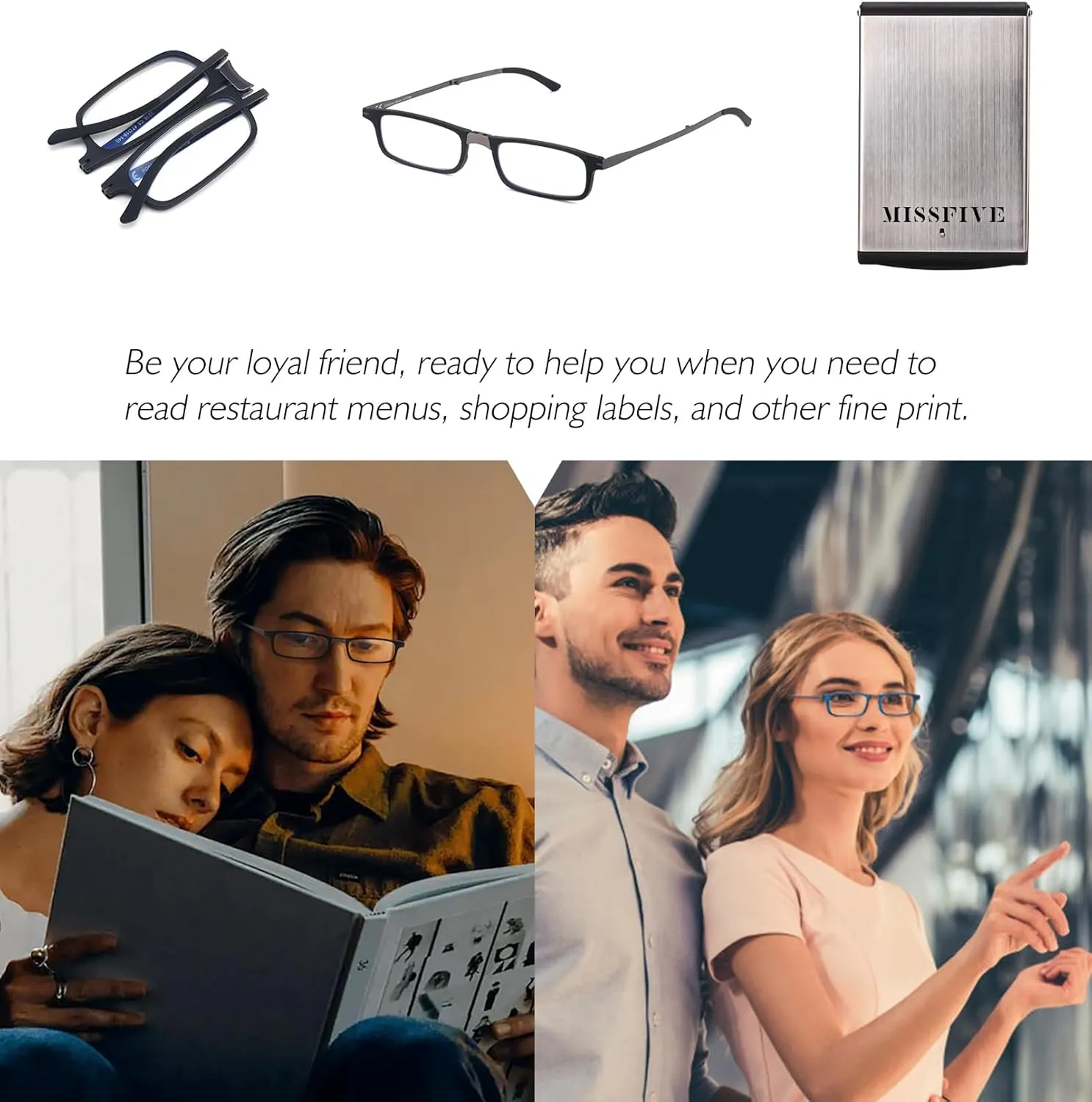 Missfive Folding Foldable Reading Glasses for Men Women Portable Travel Pocket Readers Metal Case Clear 1.00x