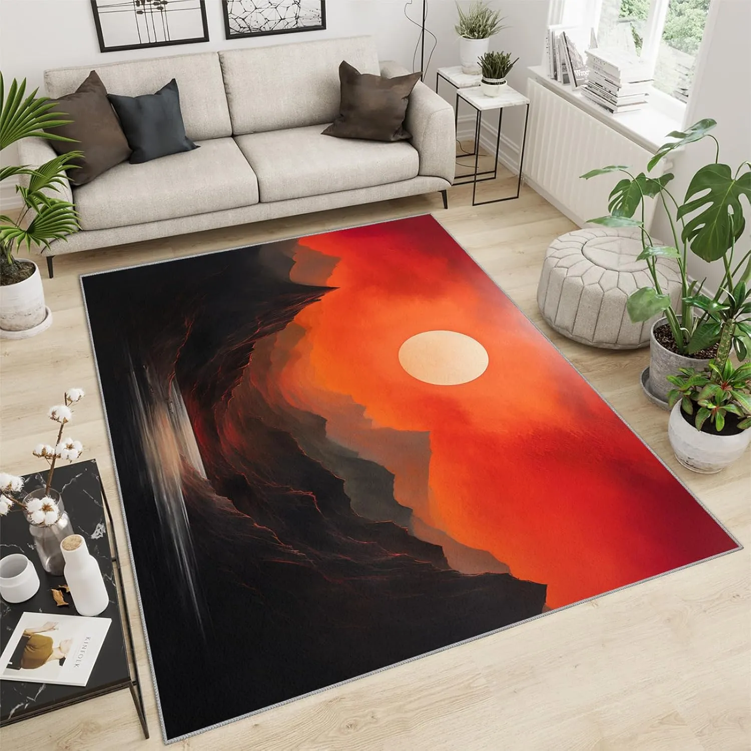 Mountain Area Rugs 5x7, Sunset Landscape Rugs for Bedroom, Mid Century Living Room Carpet, Minimalism Decor Mats Protect Floor for Office Hardwood Floors