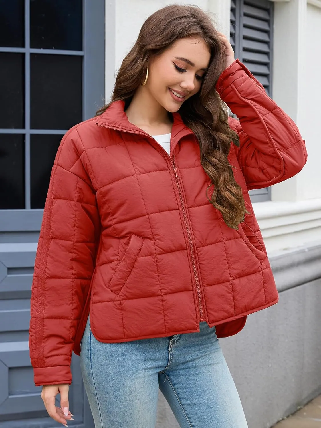 Muchpow Women's Lightweight Down Coat Long Sleeve Full Zipper Oversized Packable Short Puffer Jackets